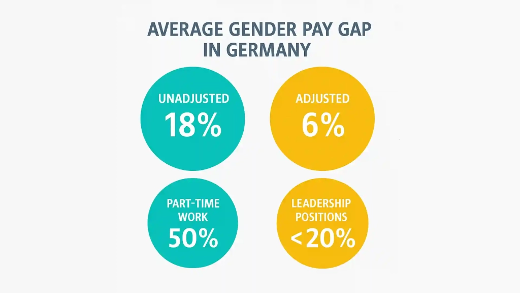 What's the Average Salary in Germany? 4 Horizontal infographic showing the gender pay gap in Germany, including adjusted and unadjusted earnings differences between men and women, part-time work statistics, and disparities in leadership roles, used in an article about the average salary in Germany.