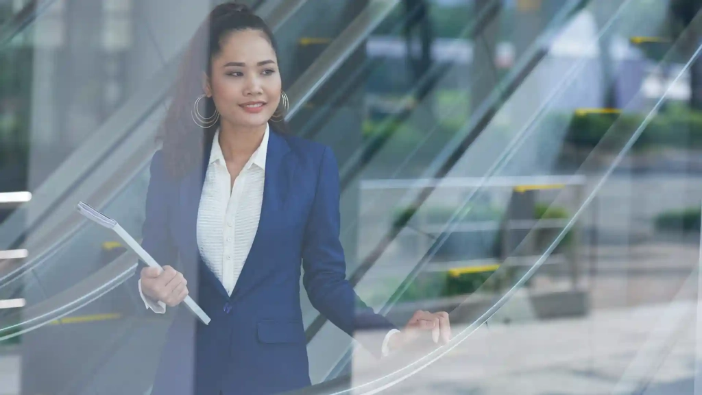 a young Filipino woman with blue suits, looking for Jobs in Germany for Filipino