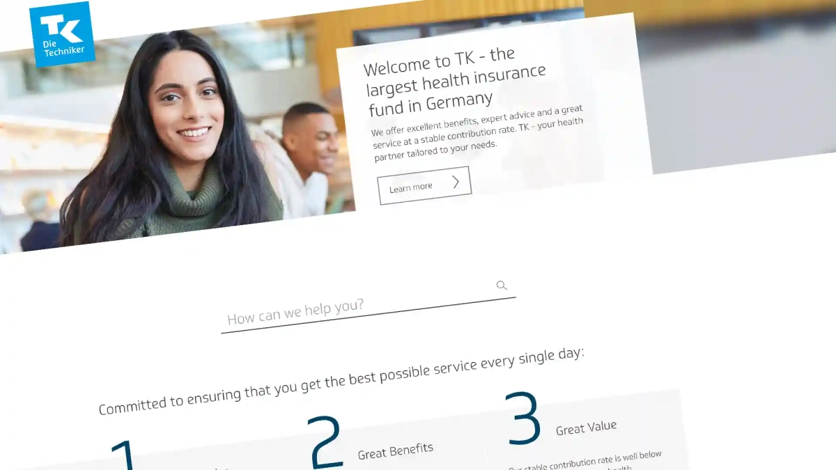 Screenshot of the TK Health Insurance (Techniker Krankenkasse) homepage, featured in our TK Health Insurance Review, highlighting expat-friendly services and comprehensive coverage options.