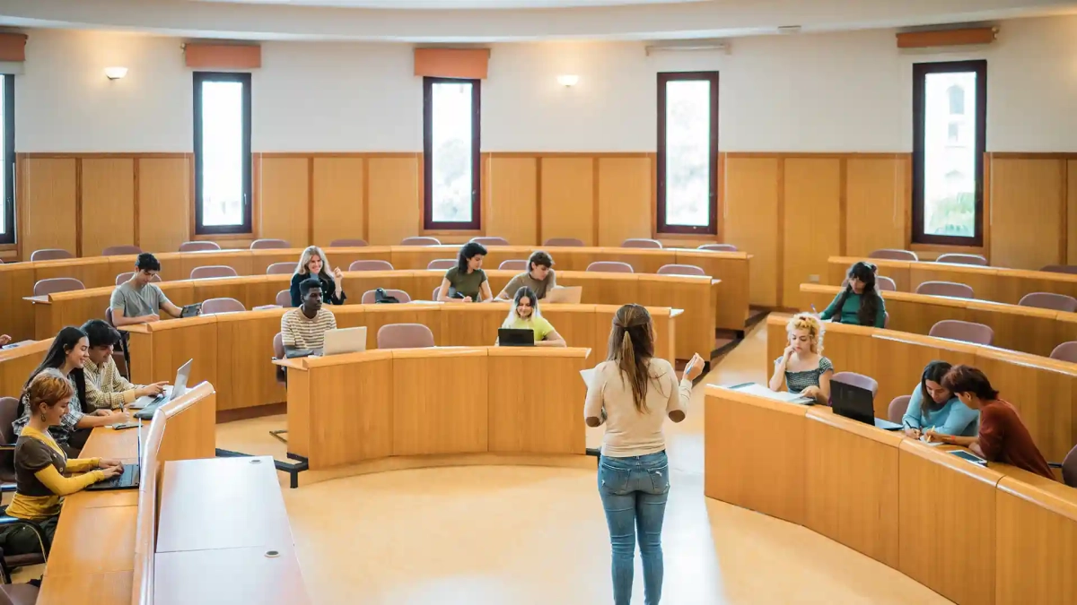 A diverse group of students attending a lecture in a modern German university setting. Ideal visual representation of DAAD Scholarships for International Students supporting global academic exchange and higher education opportunities in Germany.