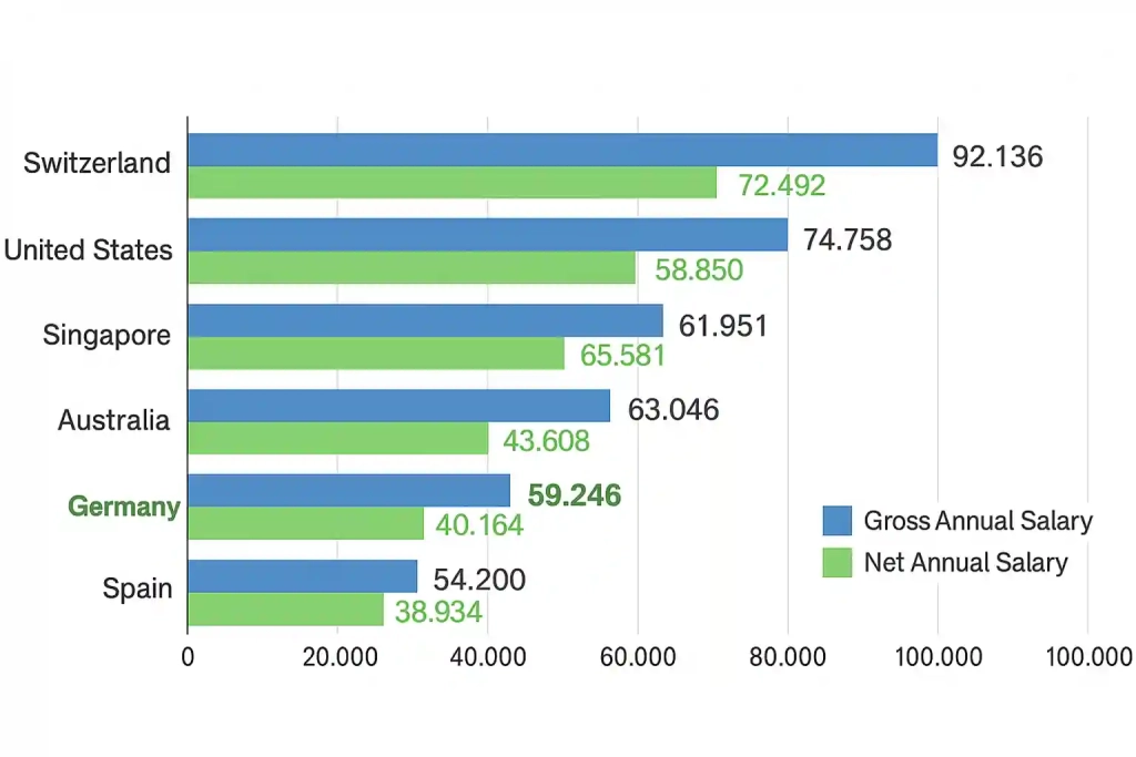 Chart showing the average salary in Germany compared to Switzerland, the United States, Singapore, Australia, and Spain for expats.